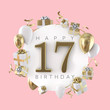 Happy 17th birthday party composition with balloons and presents. 3D Render