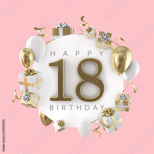 Fotografía Happy 18th birthday party composition with balloons and presents