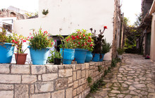 Green Flowers In Big Blue Pots On The Town Stone Wall In The Small Greek Town. Travel Photo.Krete