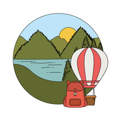 Poster - balloon air hot flying with travelbag in landscape