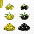 Isolated 3D green and black olives with leaves, seedless, realistic vector set