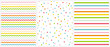 Cute Multicolor Geometric Seamless Vector Patterns. Pink, Blue, Yellow and Green Polka Dots, Tiny Chevron and Vertical Stripes on a White Background. Lovely Vivid Colors Infantile Repeatable Design. 