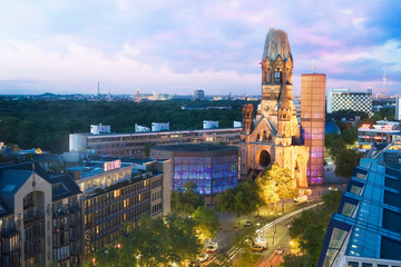 Elevated view of Kaiser Wilhelm Memorial Church at dusk, Berlin, Germany.