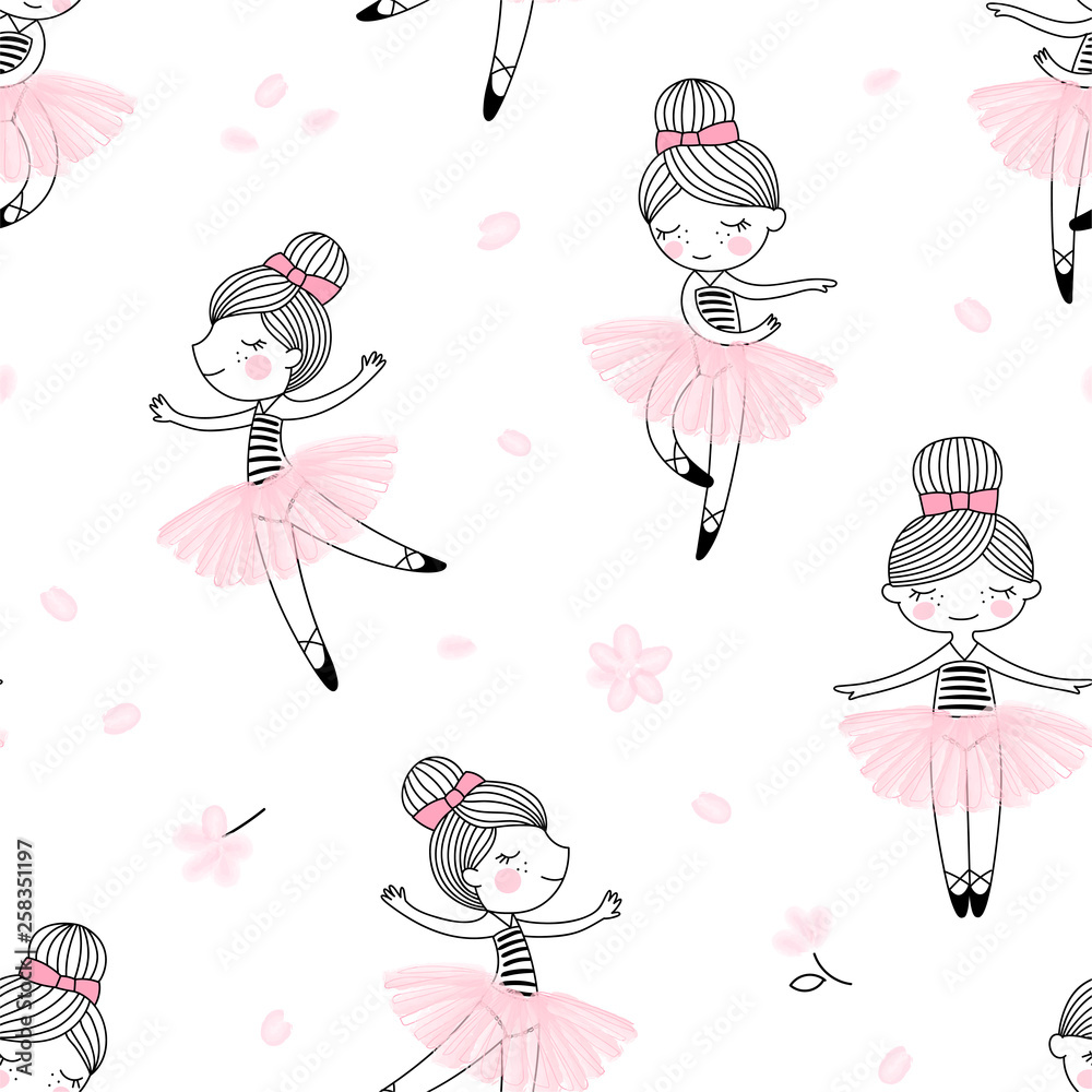 Cute dancing ballerina girls pattern. Ballet themed seamless background. Simple cute girlish surface design. Perfect for girl fashion fabric textile, scrap booking, wrapping gift paper. - obrazy, fototapety, plakaty 
