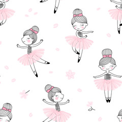 Wall Mural - Cute dancing ballerina girls pattern. Ballet themed seamless background. Simple cute girlish surface design. Perfect for girl fashion fabric textile, scrap booking, wrapping gift paper.