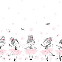 Wall Mural - Cute dancing ballerina girls pattern. Ballet themed seamless background. Simple cute girlish surface design. Perfect for girl fashion fabric textile, scrap booking, wrapping gift paper.