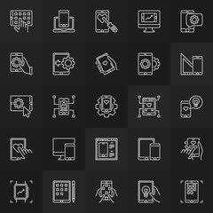 Poster - mobile application development outline vector concept icons on dark background