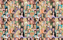 A Large Set Of Faces Of Young People Of Different Nationalities. Seamless Drawn Creative Pattern.