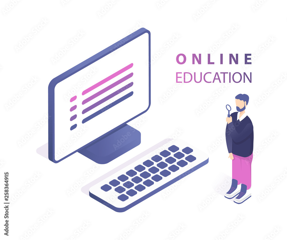 Online education concept banner with characters. Flat isometric vector ...