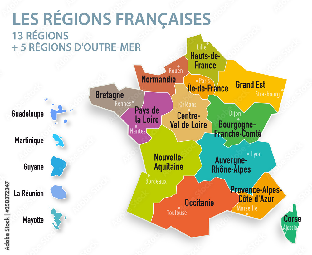 Les 13 régions Françaises (avec les 5 régions d'Outre-mer) - obrazy, fototapety, plakaty 