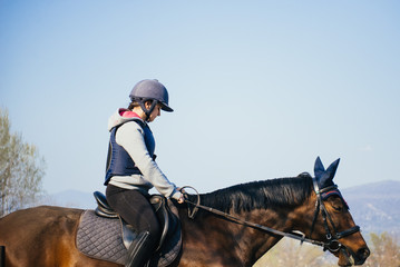 little girl riding her horse in the paddock - little girl taking riding lesson -
