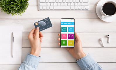 Poster - Woman using smartphone with digital wallet application and credit card
