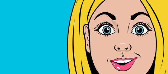 Pop art poster. Smiling surprised girl in blue background. Wow female face close up. Flyer template with blank speech bubble. Vector illustration in comic style