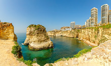 Raouche Or Pigeons Rocks Panorama With Sea And Ciry Center In The Background, Beirut, Lebanon