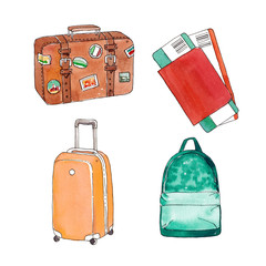 Watercolor hand-painted travel baggage illustration sketch set on white background