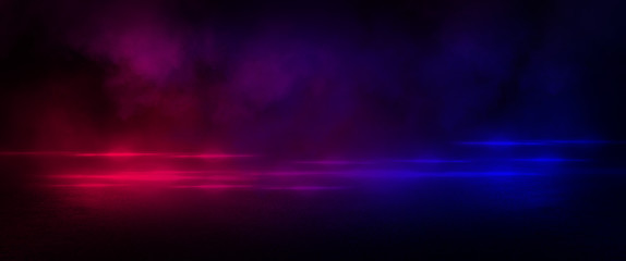 Fototapete - Wet asphalt, reflection of neon lights, a searchlight, smoke.  Smoke, smog. Dark background scene of empty street, night view, night city. Neon red and blue light.