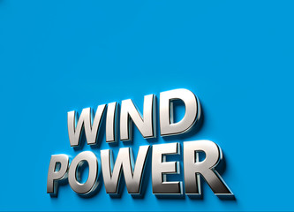 Wind power words as 3D sign or logo concept placed on blue surface with copy space above it. New wind powered technologies concept. 3D rendering