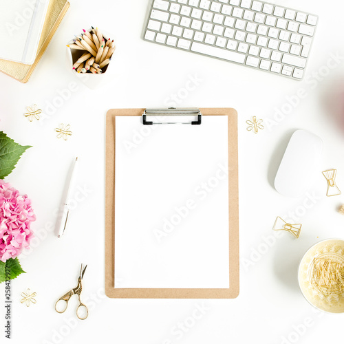 Stylized Women S Desk Workspace With Clipboard Computer Bouquet