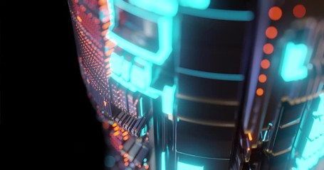 Poster - Motion graphic 4K of abstract technology background, led and flickering particles. Animation of electric circuit signal with light glow and Bokeh. Futuristic concept. 3D render