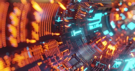 Poster - Motion graphic 4K of abstract technology background, led and flickering particles. Animation of electric circuit signal with light glow and Bokeh. Futuristic concept. 3D render