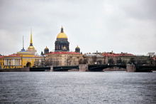 View Of St. Isaac's Cathedral And Admiralty From Neva River Embankment, Saint Petersburg, Russia