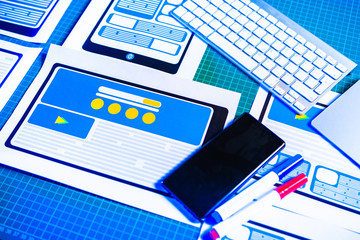 Poster - graphic design. workplace internet designer. website creation for mobile devices. website template d