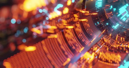 Poster - Motion graphic 4K seamless loop of abstract technology background, led and flickering particles. Animation of electric circuit signal with light glow and Bokeh. Futuristic concept. 3D render