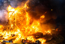 End Of The Valencian Festivities Of Fallas, Monument Faller Consumed In The Fire In High Flares.