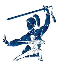 Wall Mural - Man and woman Kung Fu fighter, Martial arts with weapons action cartoon graphic vector.