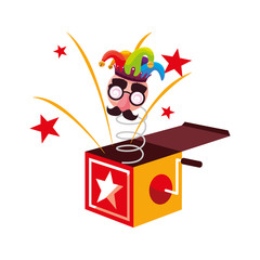 Sticker - crazy emoticon with joker hat in surprise box