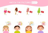 Fototapeta Pokój dzieciecy - Matching children educational game. Count the money in the children's wallets and find a purchase. Vector illustration of cute children.