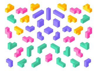 Poster - Tetris shapes. Isometric 3D puzzle game elements colorful cube abstract blocks. Vector isometric tetris design objects set