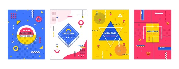 Poster - Memphis posters. Minimal geometric banner graphic, contemporary fashion template, creative shape design. Vector abstract poster set