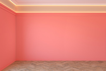 Wall Mural - Empty coral, pink color interior with blank wall, mouldings, ceiling backlit and wooden chevron parquet floor. 3d render illustration mock up.