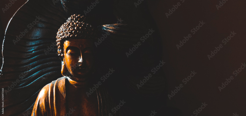 Golden Gautama Buddha statue with a black background depicting darkness and hope coming in form of sunlight. - obrazy, fototapety, plakaty 