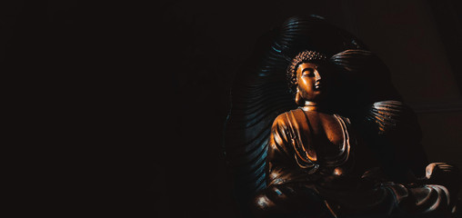 Golden Gautama Buddha statue with a black background depicting darkness and hope coming in form of sunlight.