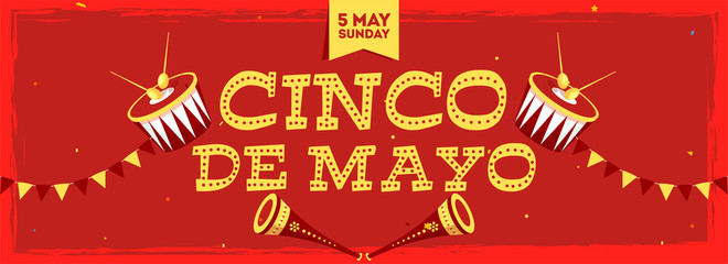 Wall Mural - Cinco De Mayo celebration header banner or poster with date of 5 May (Sunday). decorated with bunting and music element on red background.