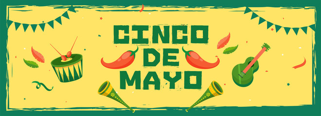 Wall Mural - Retro yellow background header banner or poster design for Fiesta party celebration. music instrument, red chilli and bunting decoration.