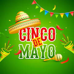 Wall Mural - green flyer or poster design decorated with colorful bunting, maracas instrument and sombrero hat for Cinco De Mayo party celebration.