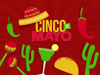 Wall Mural - Cinco De Mayo festival celebration with party elements on retro red pop art background poster or flyer design.