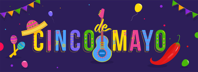 Wall Mural - Purple header banner or poster design decorated with colorful bunting and party elements for Cinco De Mayo party celebration.