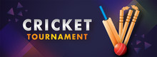 Website Header Banner Or Poster Design Of Cricket Tournament With Abstract Cricket Equipment On Dark Purple Background.