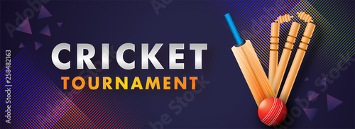 Fotografía Website Header banner or poster design of Cricket Tournament with abstract cricket equipment on dark purple background
