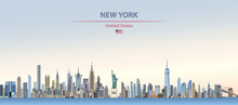 Vector Illustration Of  New York City Skyline On Colorful Gradient Beautiful Day Sky Background With Flag Of United States