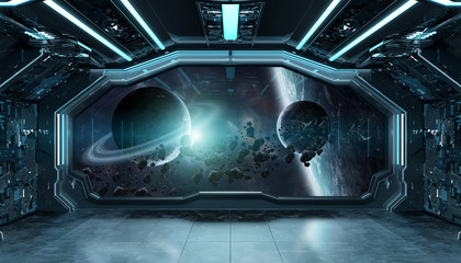 Fototapete - Dark blue spaceship futuristic interior with window view on space and planets 3d rendering