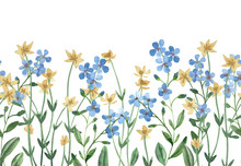Watercolor Seamless Border Of Blue Forget-me-not And Yellow Wildflowers With Green Leaves On White Background
