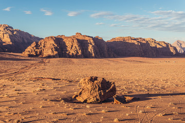 Poster - Wadi Rum in Jordan - area called Um Sabatah, famous spot for sunset observation