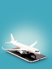 Poster - Smartphone application for online searching, buying and booking flights on the internet. Online check-in. Unusual 3D illustration of commercial airplane on smart phone