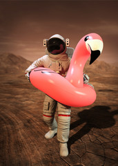 Wall Mural - astronaut with pink float looking for water on mars - 3d illustration