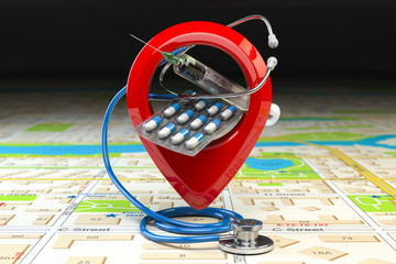 hospital or pharmacy location and direction concept. pin or map point with pills, stethoscope and je